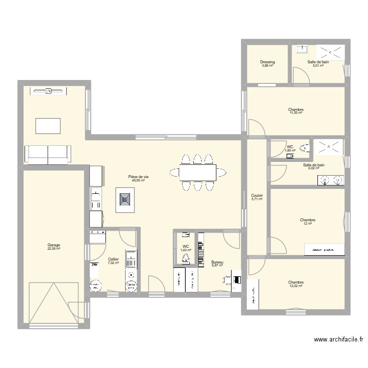 Projet 2. Plan de 13 pièces et 146 m2