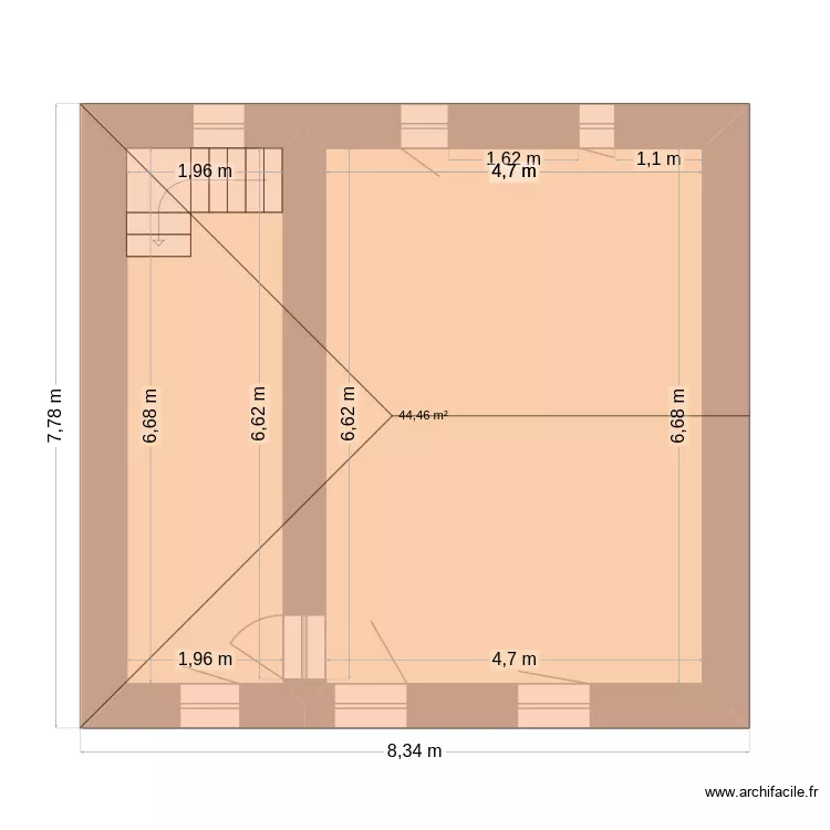 plan de coupe horizontale &eacute;tage. Plan de 1 pièce et 44 m²