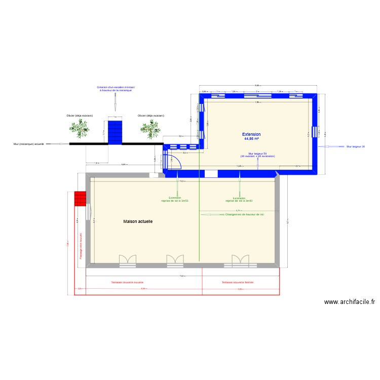 Extension - Sans terrasse + extérieur 2. Plan de 2 pièces et 127 m2