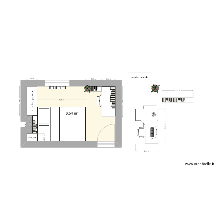 chambre. Plan de 1 pièce et 9 m2