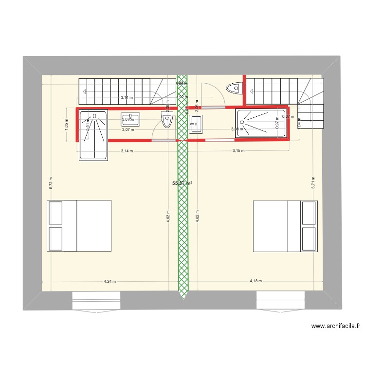 Plan étage avec wc centraux. Plan de 1 pièce et 56 m2