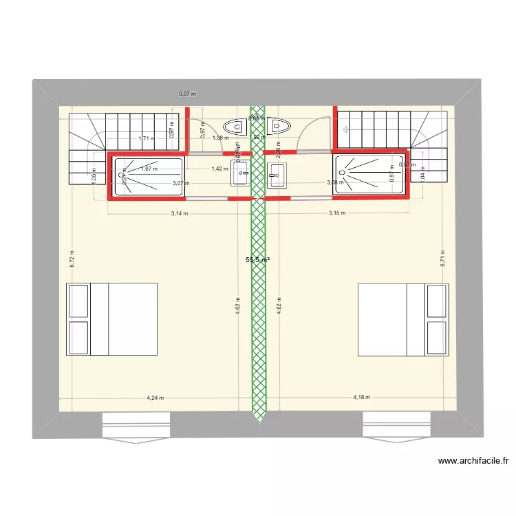 Plan &eacute;tage avec wc centraux. Plan de 