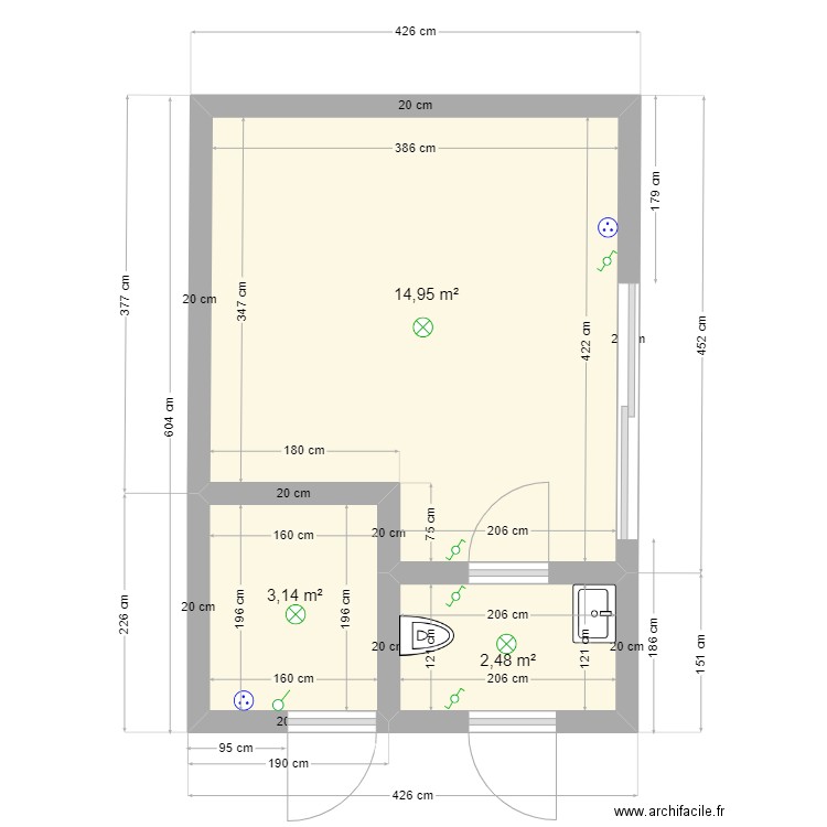 local technique définitif. Plan de 3 pièces et 21 m2