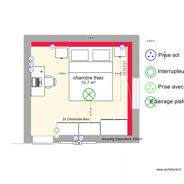 chambre theo. Plan de 1  et 13 m²