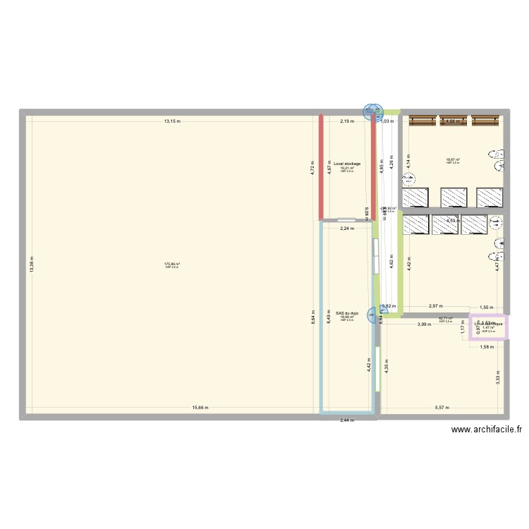 Dojo hwarangs. Plan de 7 pièces et 276 m2