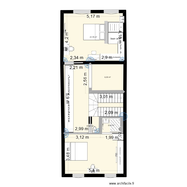 R+1. Plan de 4 pièces et 68 m2