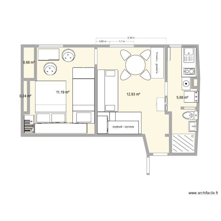 carville amenage. Plan de 5 pièces et 31 m2