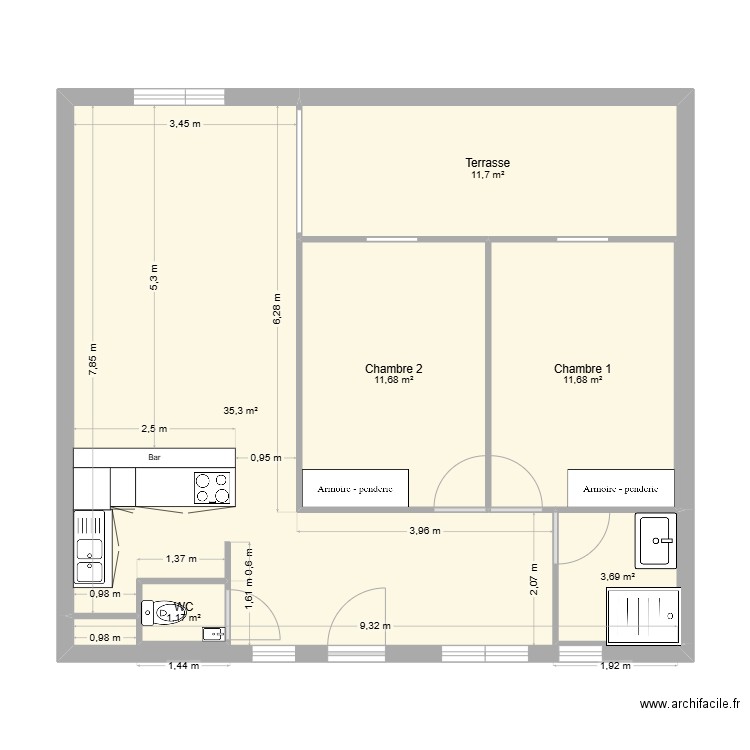 Appartement Clos Montabo. Plan de 6 pièces et 75 m2