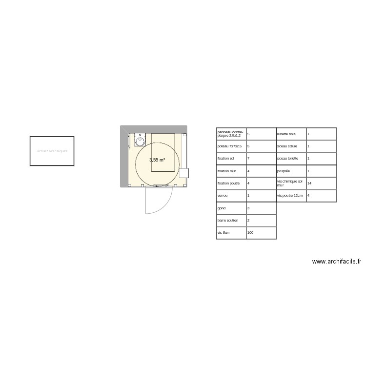 toilette PMR. Plan de 1 pièce et 4 m2