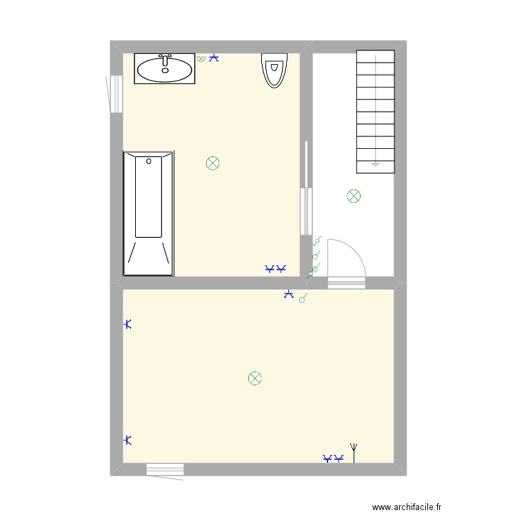 sdb hall chambre. Plan de 2 pièces et 39 m2