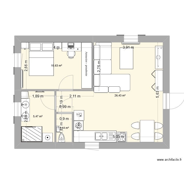 45m² BGU. Plan de 4 pièces et 44 m2
