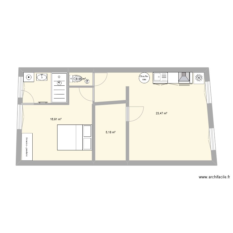 Apt1. Plan de 4 pièces et 47 m2