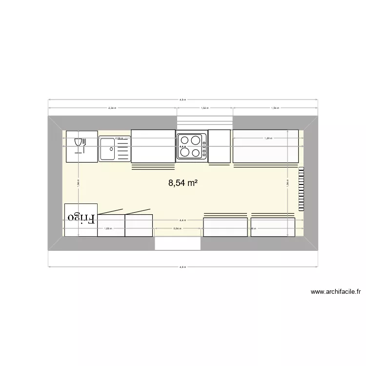 Cuisine hannape. Plan de 1 Pièce et 9 m²