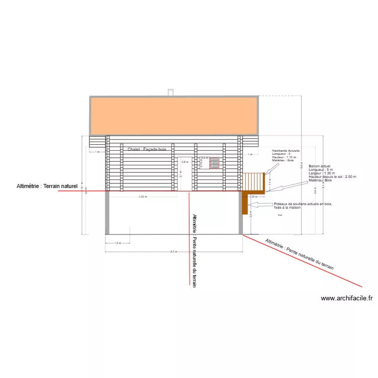 Fa&ccedil;ade Nord chalet avant travaux. Plan de 1  et 24 m²