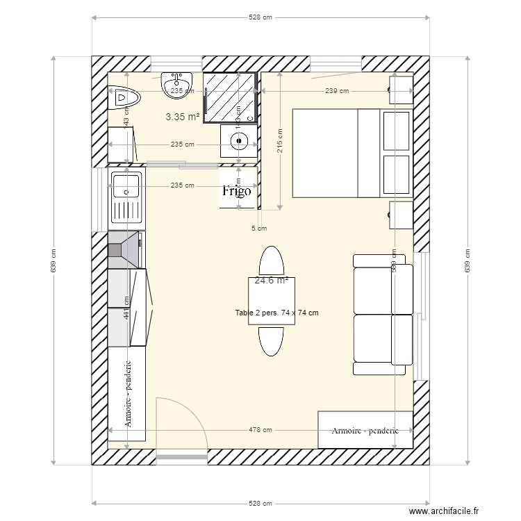 tiny house. Plan de 2 pièces et 28 m2