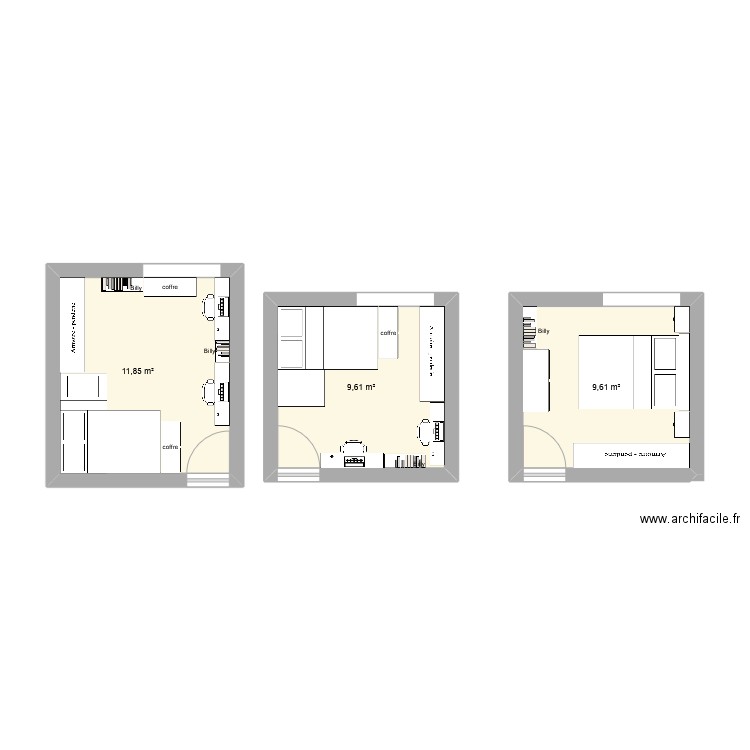 filles. Plan de 3 pièces et 31 m2