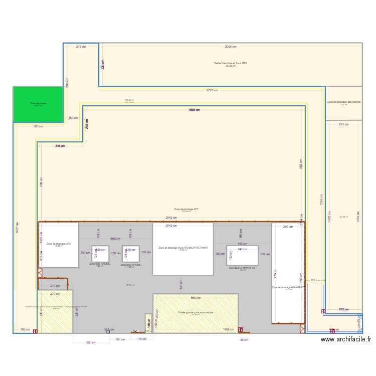 Plan zone induction avec marquage au sol pour CTIN. Plan de 18 pièces et 651 m2