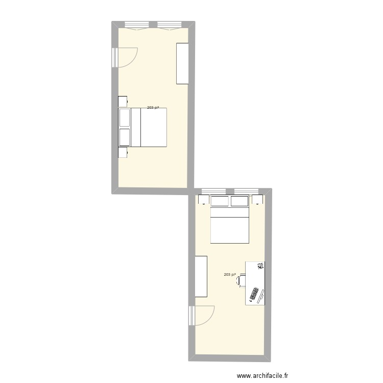Chambre en haut. Plan de 2 pièces et 38 m2