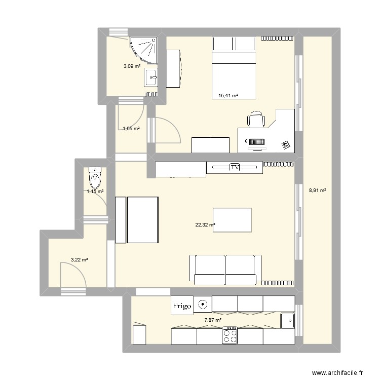 Appart Versailles. Plan de 8 pièces et 64 m2