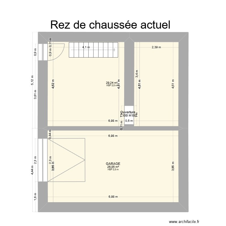 Plan rez de chaussée existant location n7. Plan de 2 pièces et 56 m2