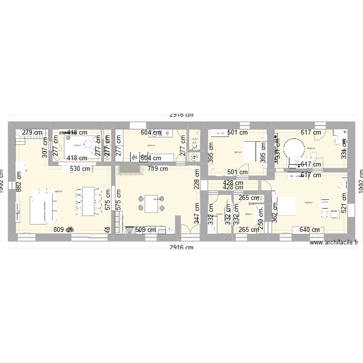 projection 3. Plan de 13 pièces et 222 m2