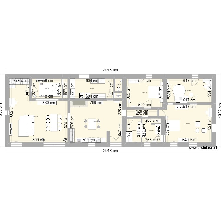 projection 3. Plan de 13 pièces et 222 m2