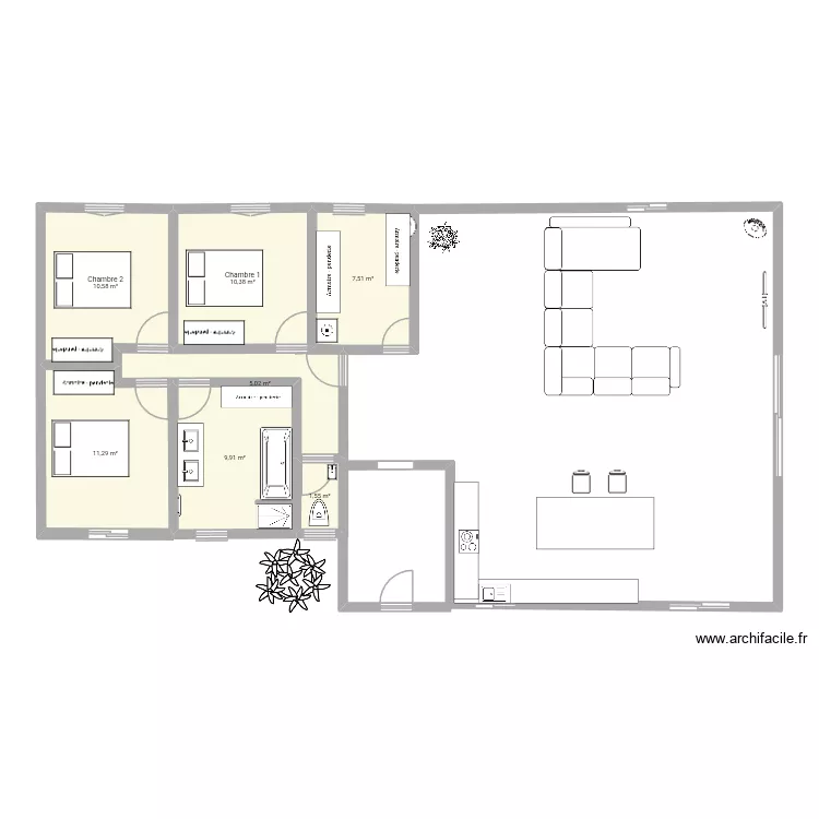 Maison plain pied. Plan de 7  et 56 m²