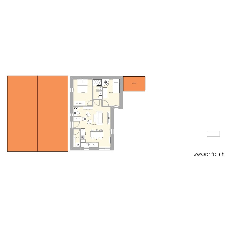 Buanderie derrière cuisine. Plan de 6 pièces et 57 m2