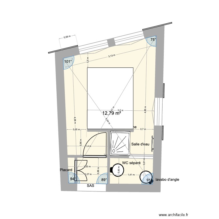 Projet 2_Chambre d\'amis_Cabnt toilette. Plan de 1 pièce et 13 m2