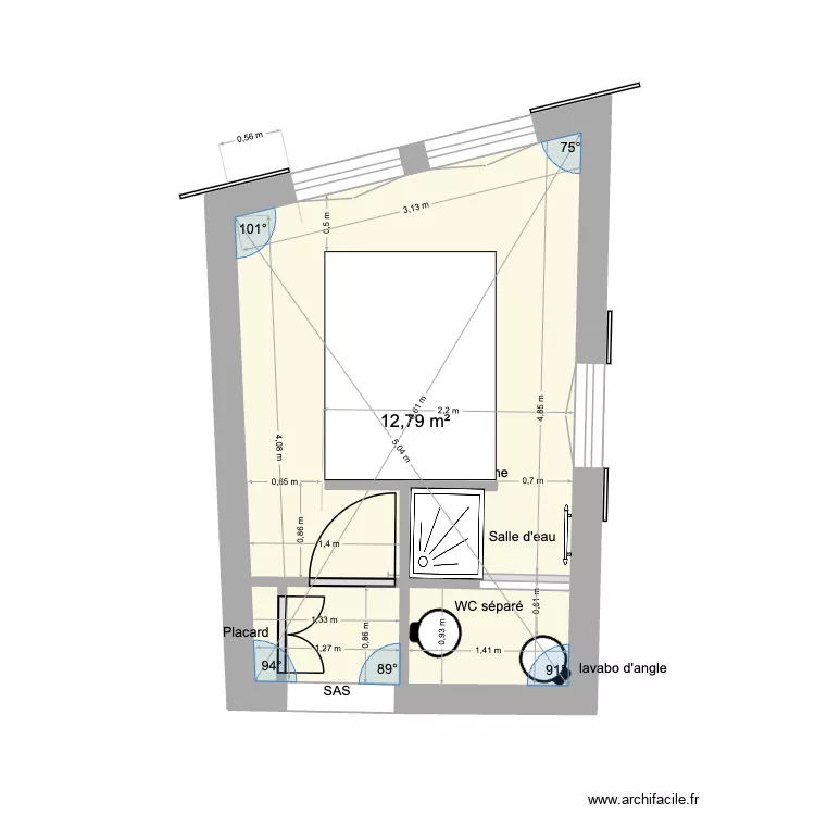 Projet 2_Chambre d\'amis_Cabnt toilette. Plan de 1  et 13 m²