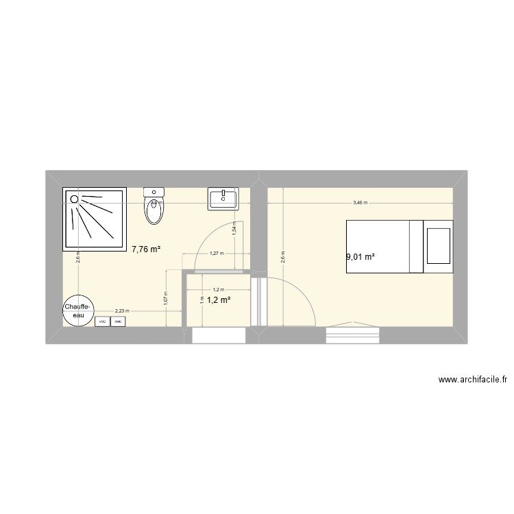 Salle de bain et chambre PMR. Plan de 3 pièces et 18 m2