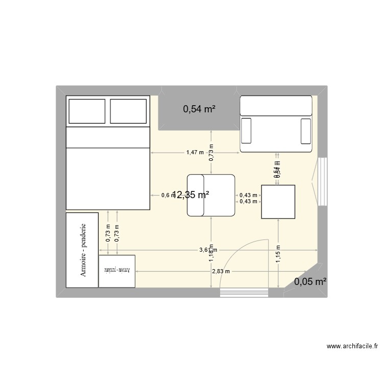 plan chambre/salon. Plan de 3 pièces et 13 m2