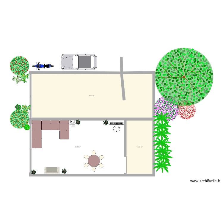 Salon, salle à manger, début exterieur. Plan de 3 pièces et 122 m2