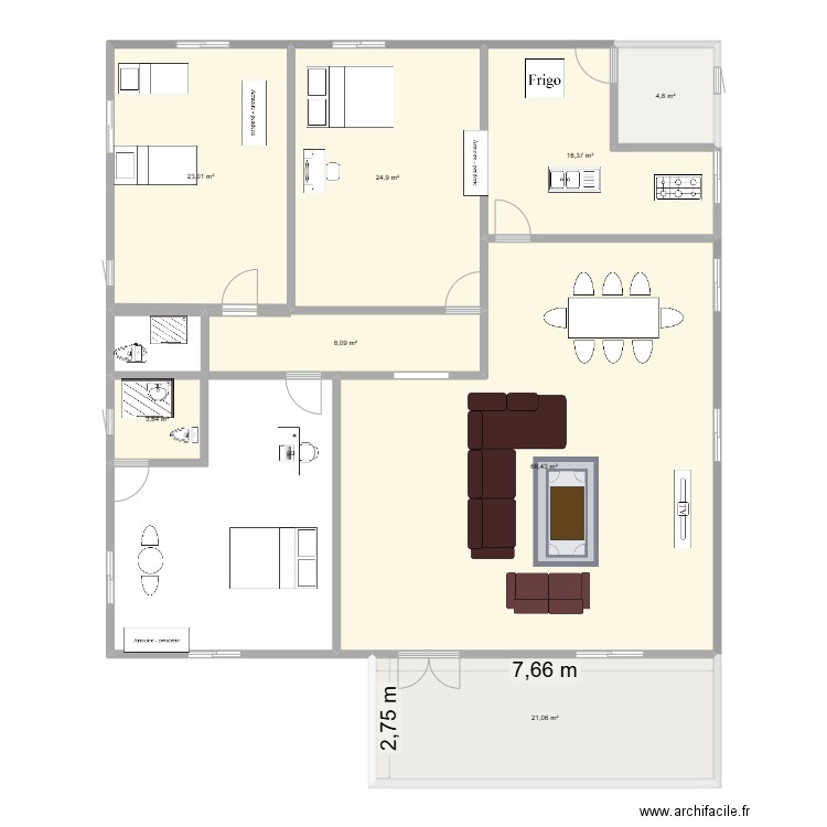 plan de 3 chambres salon avec salle à manger et cuisine. Plan de 8 pièces et 170 m2