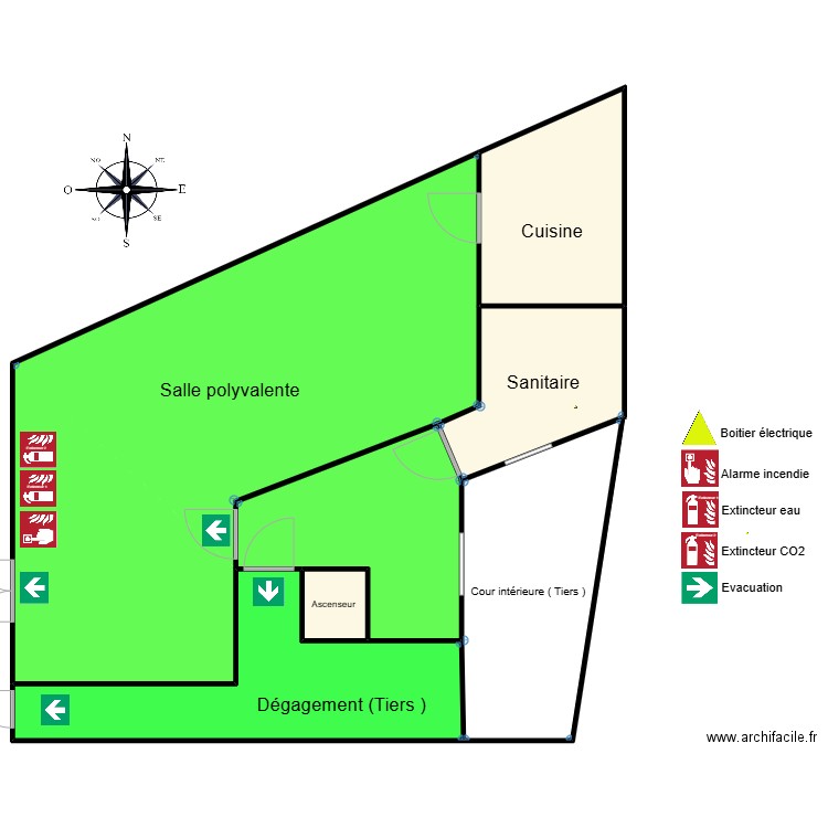 Plan évacuation Maison des débats. Plan de 6 pièces et 1946 m2