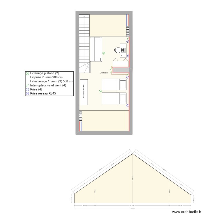 Plan coupe A A. Plan de 1 pièce et 34 m2