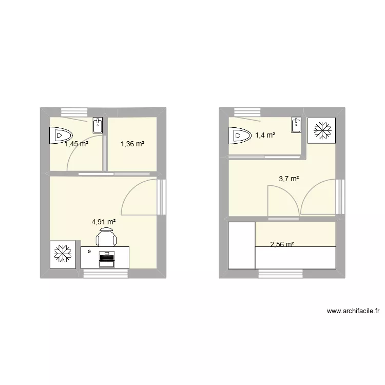 PH piece. Plan de 6  et 15 m²