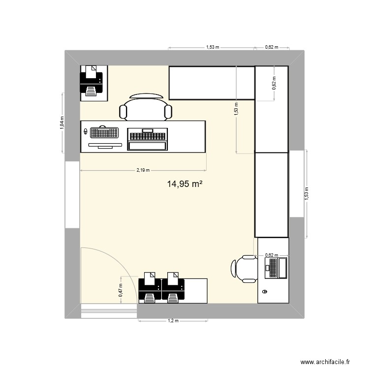 Bureau v2. Plan de 1 pièce et 15 m2