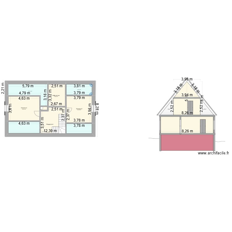 BR coupe b-b. Plan de 6 pièces et 84 m2