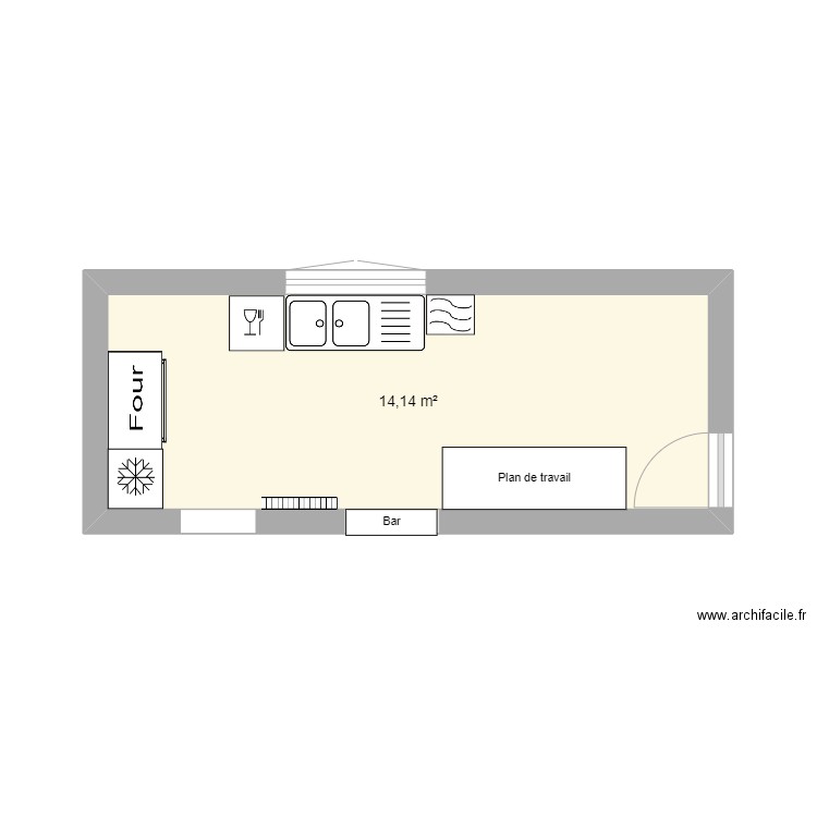 cuisine. Plan de 1 pièce et 14 m2