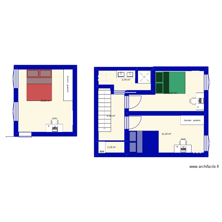 Premier étage V2. Plan de 6 pièces et 45 m2