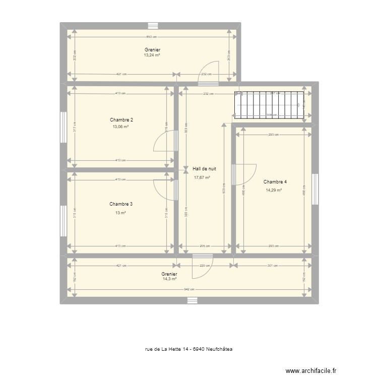 hette 14 1er. Plan de 6 pièces et 86 m2