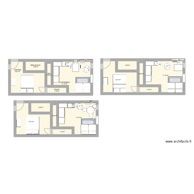 Plan T2. Plan de 15 pièces et 75 m2