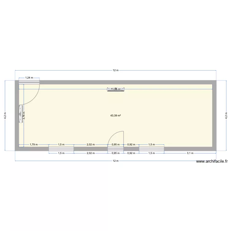 Castillion plan 2D meubl&eacute;. Plan de 1  et 43 m²
