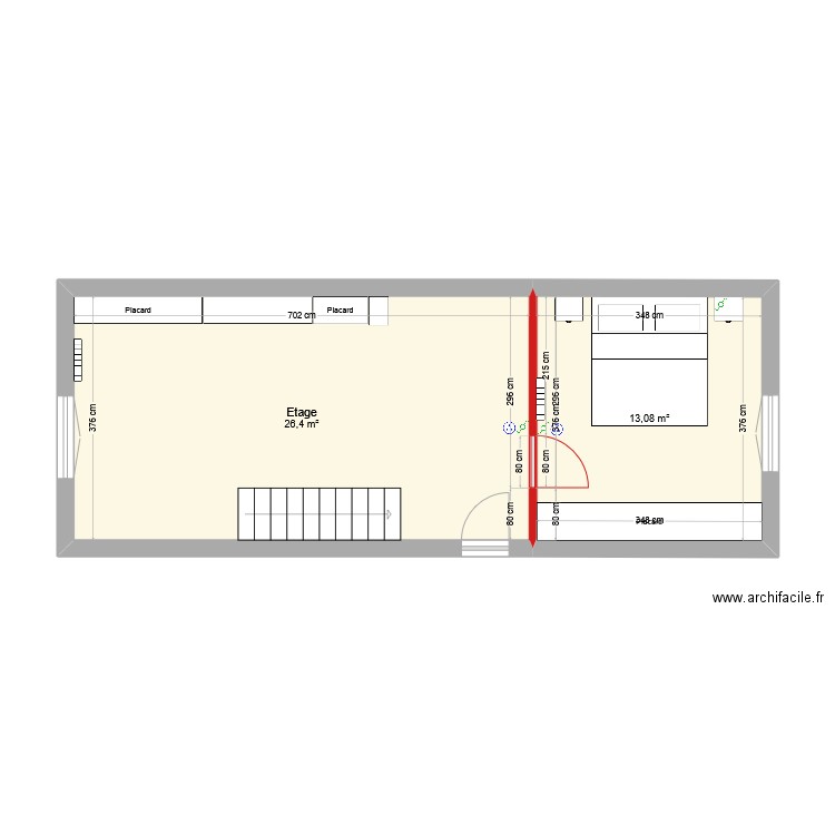 Etage. Plan de 2 pièces et 39 m2