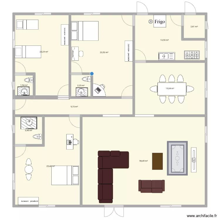 plan de 3 chambres salon avec salle &agrave; manger et cuisine . Plan de 