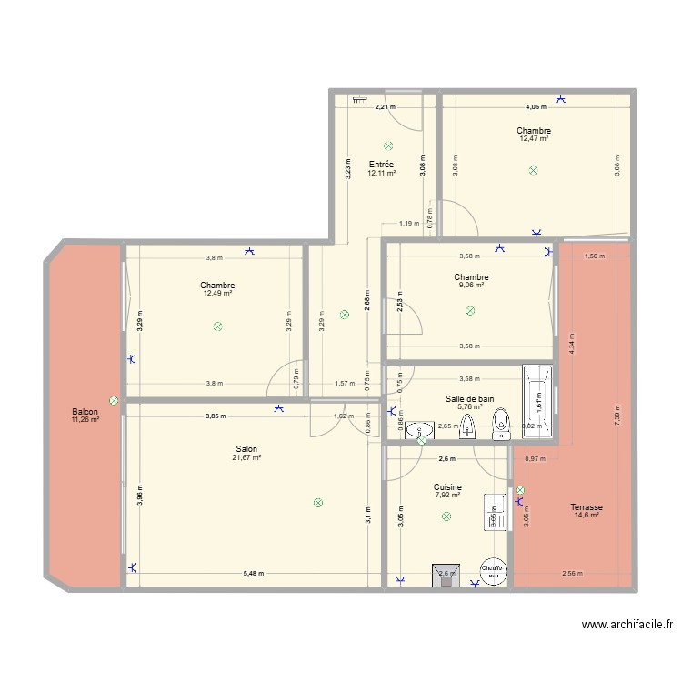 Projet 1. Plan de 9 pièces et 107 m2