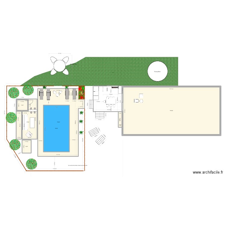Aménagement Piscine et patio - pavillon et cabanon - patio 15x15 - sans mur roche. Plan de 7 pièces et 297 m2