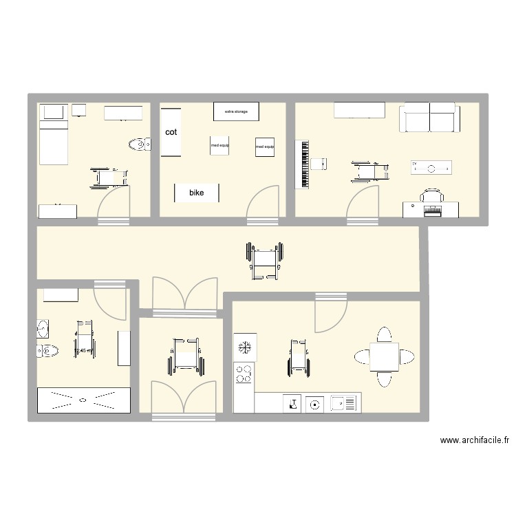 two  bedroom. Plan de 6 pièces et 113 m2