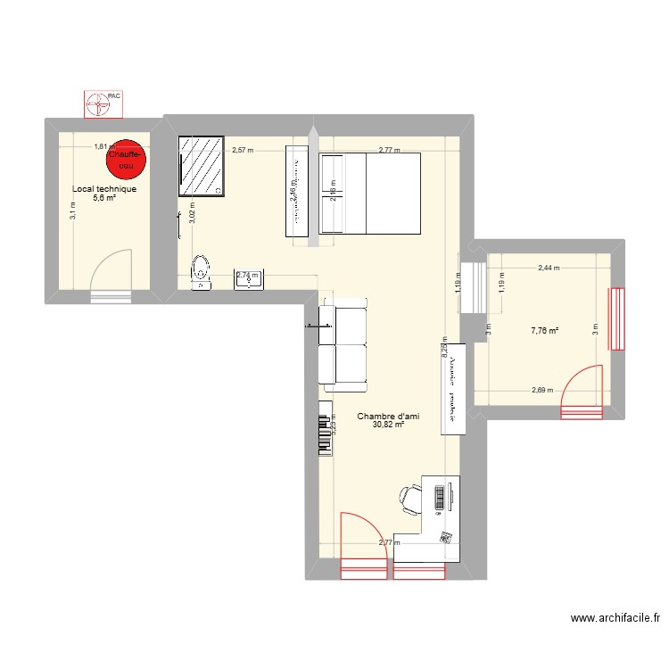 Chambre ami. Plan de 3 pièces et 44 m2